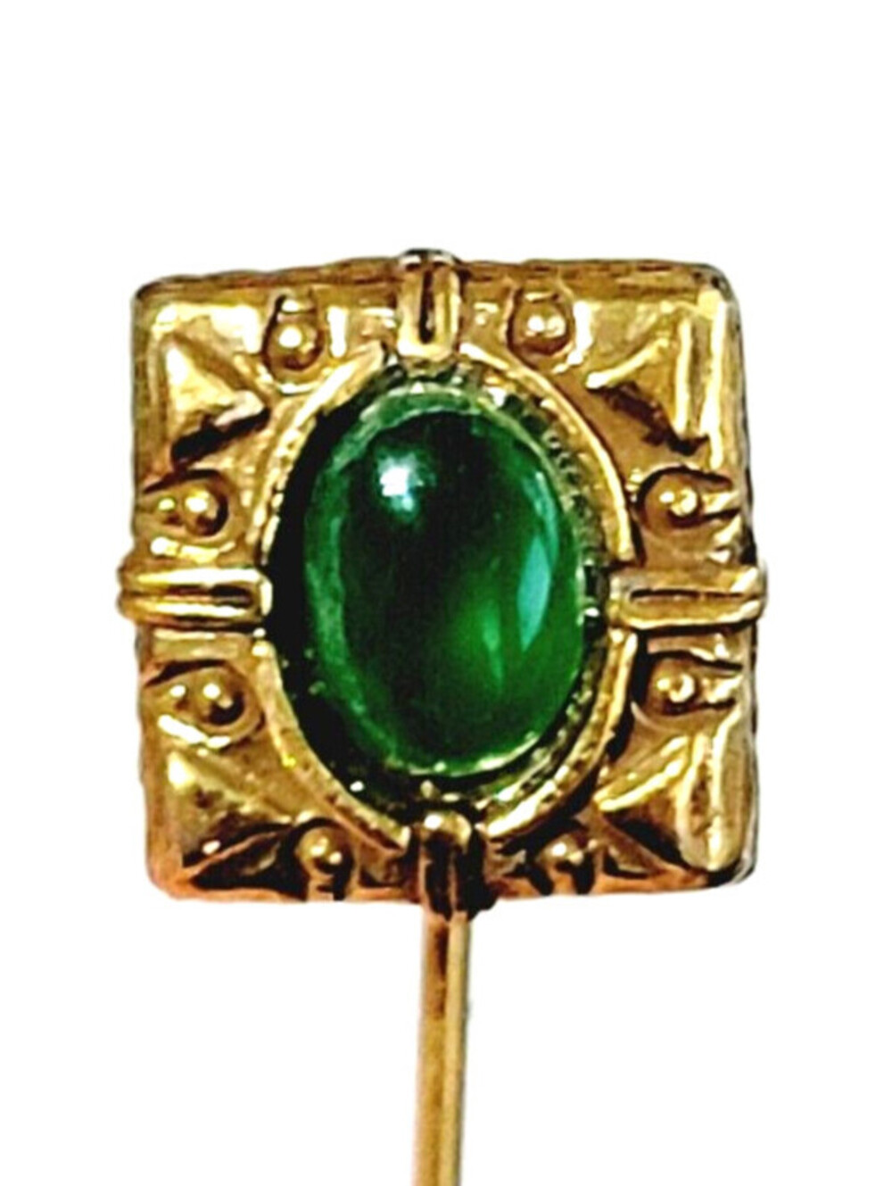 Vintage Art Deco Style 3" Green Glass Stickpin, Gold-tone Textured go-22